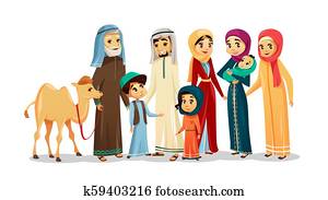 caricatura, árabe, família, caráteres, camelo, jogo