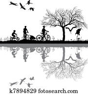 család, kerékpározás, környék