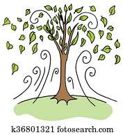 Clipart of Wind Blowing Leaves Off Tree k6094394 - Search Clip Art ...