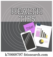 テキスト, 印, 提示, 健康, tips., 概念, 写真, アドバイス, ∥あるいは∥, 情報, 与えられた, へ, ありなさい, 有用, 中に, ある, 健康, レイアウト, smartphone, 離れて, スティッキーノート, クリップボード, ∥で∥, パイ・チャート, そして, バー, graph.