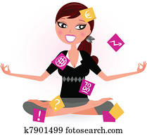 Busy woman with notes trying to relax in yoga position.  Vector retro Illustration