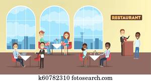 Restaurant interior in a hotel with people inside.