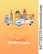 viagem, para, portugal., avião, com, attractions., viagem, vetorial, banners., apartamento, style. viagem, para, portugal., avião, com, attractions., viagem, vetorial, banners., apartamento, style.