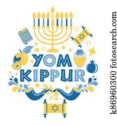 Yom Kippur greeting card with candles, apples and shofar and sybols. Jewish holiday background. illustration on white. Translation in Enhlish of atonement day. Yom Kippur greeting card with candles, apples and shofar and sybols. Jewish holiday background. illustration on white. Translation in Enhlish of atonement day.