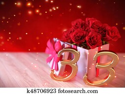 birthday concept with red roses in the gift on wooden desk. thirty-third. 33rd. 3D render birthday concept with red roses in the gift on wooden desk. thirty-third. 33rd. 3D render