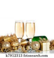 champagner, mit, christbaumkugeln champagner, mit, christbaumkugeln