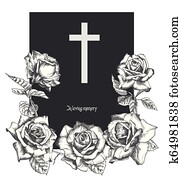 Funeral ornament concept with hand drawn roses and cross in black color isolated on white Vintage engraved style Modern template background design for invitation, card, obituary Funeral ornament concept with hand drawn roses and cross in black color isolated on white Vintage engraved style Modern template background design for invitation, card, obituary