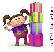 niña, con, pila de regalos