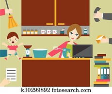 ocupado, multitask, mulher, mãe, controlar, dela, trabalho, com, smile.