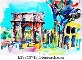 original, freehand, aquarell, reise, karte, von, rom, italien original, freehand, aquarell, reise, karte, von, rom, italien