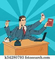 Business Superman Pop Art Banner. Man with Many Hands Doing a Lot of Things. Vector illustration