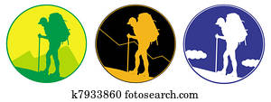 Emblem with sillhouette of Man with a backpack going up the hill. mountains in the background. Vector. Separate layers Emblem with sillhouette of Man with a backpack going up the hill. mountains in the background. Vector. Separate layers