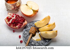 maçãs, romã, e, mel, para, rosh hashanah