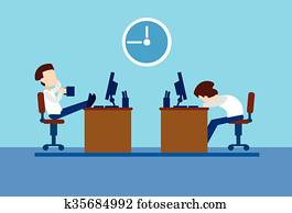 Office Workers Business Man Rest On Break, Sitting Desk Computer, Drink Coffee, Sleep
