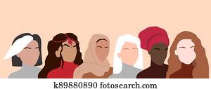 Portrait of different nationalities and cultures woman. Girls standing together. Womens friendship, solidarity, sisterhood. Horizontal poster of the International Womens Day. Eps 10