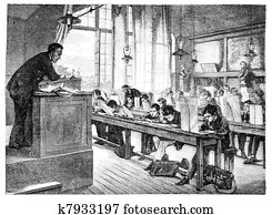 Salon of 1874; paint. - A drawing lessons at school Cochin, by A. Truph?me. - The Drawing Hernault, vintage engraved illustration. Magasin Pittoresque 1875.