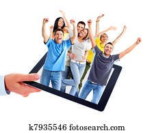 tablet, computer, en, groep, van, vrolijke, mensen.