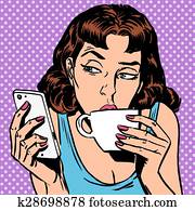 Tuesday girl looks at smartphone drinking tea or coffee Tuesday girl looks at smartphone drinking tea or coffee