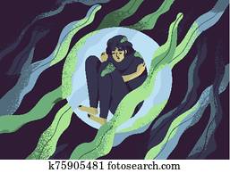 דכא, ילדה, ב, בעבע, דירה, וקטור, illustration., בודד, בן אדם, ב, שאוב., diffident, אישה, ב, solitude., isolation,, בדידות, concept., חסר, של, confidence,, פסיכולוגי, problem,, lostness.