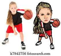 ernstig meisje, kind, basketbal speler, in, uniform, gedribbel, bal, tussen benen, op, witte, achtergrond., foto, en, karikatuur, illustratie, op, white., vóór en na, drawing.