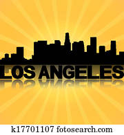 Los Angeles skyline reflected with sunburst illustration Los Angeles skyline reflected with sunburst illustration