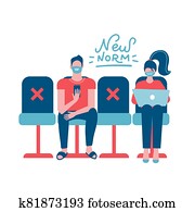 New normal concept - physical distancing people. Man and woman sitting on distance from each other and wearing face mask prevention from disease outbreak. COVID-19 pandemic. Flat Vector illustration.