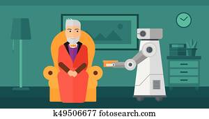 Robot assistant bringing food to an elderly man. Robot assistant bringing food to an elderly man.