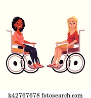 Young black and caucasian women in wheelchairs, equal opportunities concept