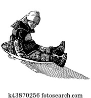 Boy Sledding Line Drawing Boy Sledding Line Drawing