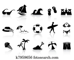 sort, strand, ikon, sett