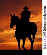 צללית, קאובוי, עם, סוס