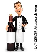 3d waiter standing next to red wine bottle 3d waiter standing next to red wine bottle