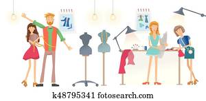 Fashion sewing Studio, Atelier. Women sew clothes. A man tries on clothes. Vector illustration, isolated on white background.