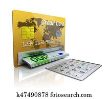 inkaso stroj, do, ten, credit karta, s, euro banknotes