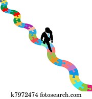 Business person walks on puzzling path to solution