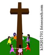 crianças, círculo, ao redor, um, crucifixos