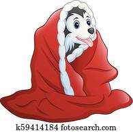 Cute little dog cartoon in red towel Cute little dog cartoon in red towel
