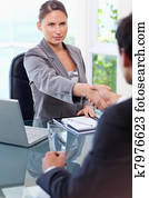 femme affaires, accueils, client, dans, elle, bureau