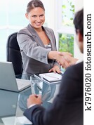 sourire, femme affaires, accueils, client, dans, elle, bureau