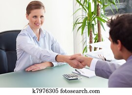 יועץ, לזעזע ידיים, עם, שלה, לקוח