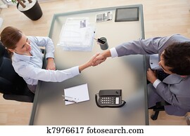 מעל, הבט, של, יועץ, לזעזע ידיים, עם, לקוח