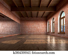 Big empty room in grange style with wooden floor, bricks wall, big windows and mirrow. Dance studio. 3d illustration Big empty room in grange style with wooden floor, bricks wall, big windows and mirrow. Dance studio. 3d illustration
