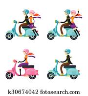 Couple, Man, Woman, Riding Scooter