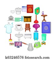 hospedaria, ícones, jogo, caricatura, estilo