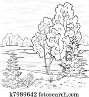 Landscape. Forest river, outline Landscape. Forest river, outline