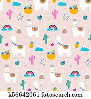lhama, alpaca, cactuses, e, folhas, seamless, padrão