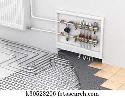 underfloor, heizung, met, collector, en, radiator, in, de, room., concept, van, technologie, heating., de, order, van, lagen, in, de, floor.