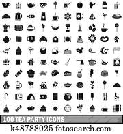 100 tea party icons set, simple style 100 tea party icons set, simple style