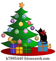 Christmas Tree with Presents Ornaments and Cat Christmas Tree with Presents Ornaments and Cat