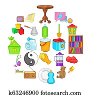 doméstico, ciência, ícones, jogo, caricatura, estilo